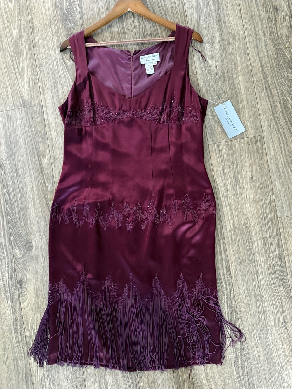 Papell Boutique Wine Fringe Beaded Midi Dress 100% silk sz 14 NWT